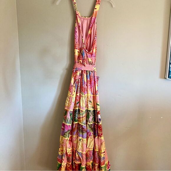 NEW FARM Rio Mixed Pink Prints Maxi Dress Fruit Tiered Crossback Belt Size L - Picture 12 of 16